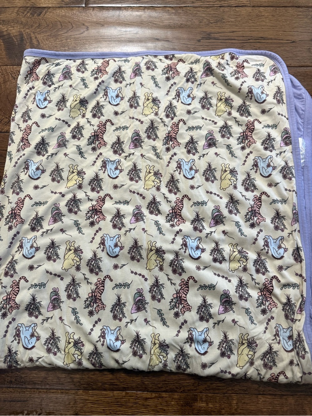 Cream Baby Blanket with Lavender Trim and Pastel Animal Print